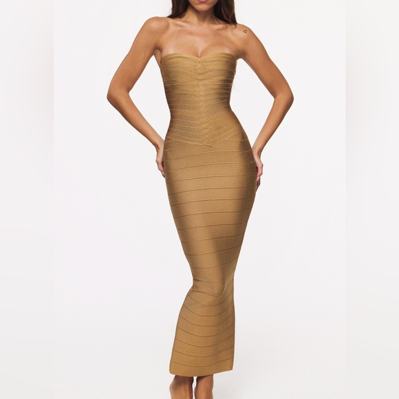 House of CB Dresses & Skirts - House of cb THE SWEETHEART Gold Shimmer Strapless V Waist Bandage Maxi Dress